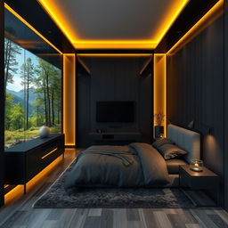 A modern interior design illustration of a small bedroom, measuring 4 meters wide, 6 meters long, and 2