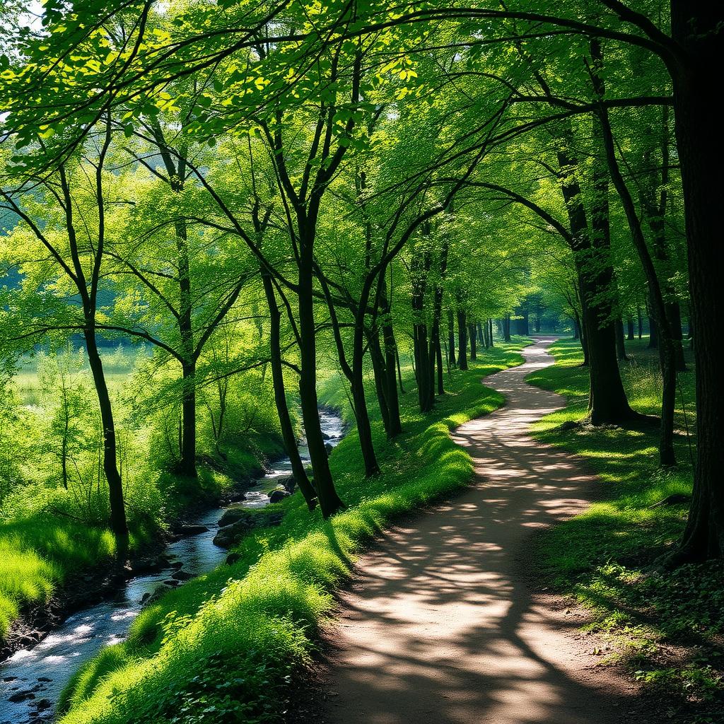 A serene landscape featuring winding paths through a forest