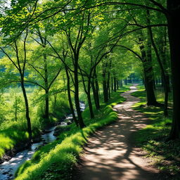 A serene landscape featuring winding paths through a forest