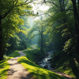 A serene landscape featuring winding paths through a forest