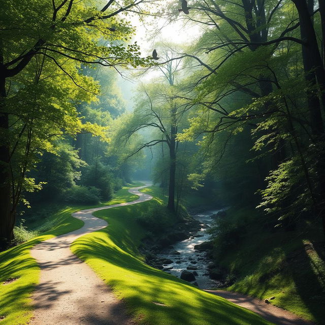 A serene landscape featuring winding paths through a forest