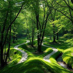 A serene landscape featuring winding paths through a forest