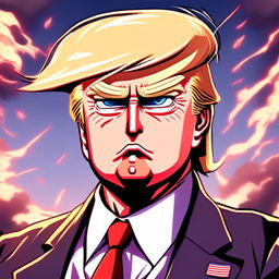 Anime style profile picture of a cool and epic Donald Trump, rendered in intense anime style.