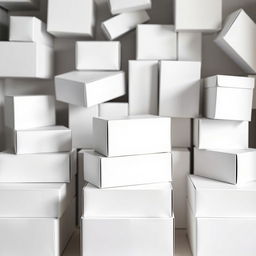 A collection of white packaging boxes arranged aesthetically, each box serves as a blank canvas for showcasing embedded designs