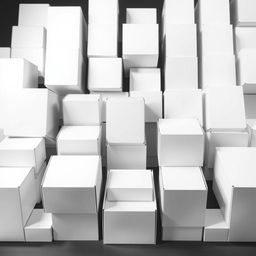 A collection of white packaging boxes arranged aesthetically, each box serves as a blank canvas for showcasing embedded designs