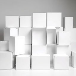 A collection of white packaging boxes arranged aesthetically, each box serves as a blank canvas for showcasing embedded designs