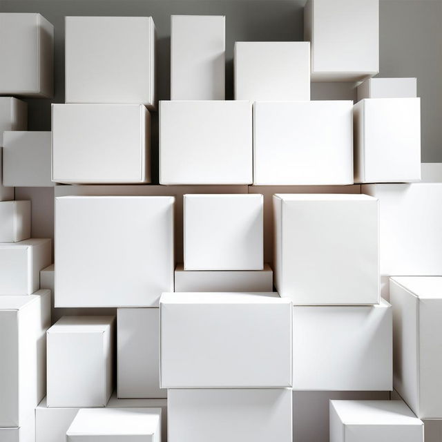 A collection of white packaging boxes arranged aesthetically, each box serves as a blank canvas for showcasing embedded designs