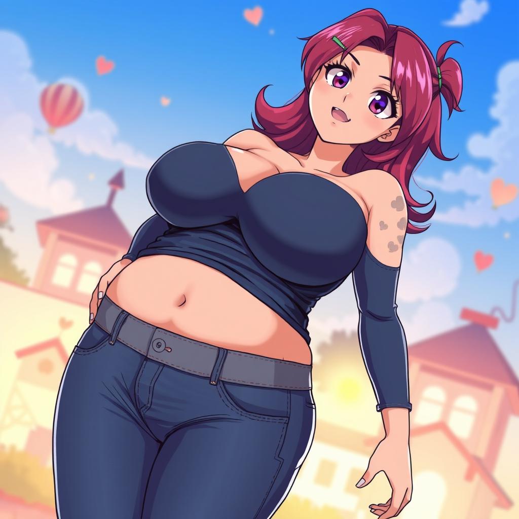 A voluptuous anime mother character with an exaggerated figure, featuring a large bust and a curvaceous physique, wearing form-fitting jeans that highlight her sex appeal