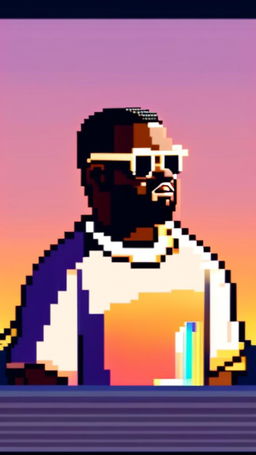 Pixel art profile picture of Kanye West in side profile with shutter shades, white tee, gold chain against a sunset gradient background.