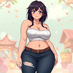 A voluptuous anime mother character with an exaggerated figure, featuring a large bust and a curvaceous physique, wearing form-fitting jeans that highlight her sex appeal