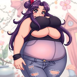 A voluptuous anime mother character with an exaggerated figure, featuring a large bust and a curvaceous physique, wearing form-fitting jeans that highlight her sex appeal