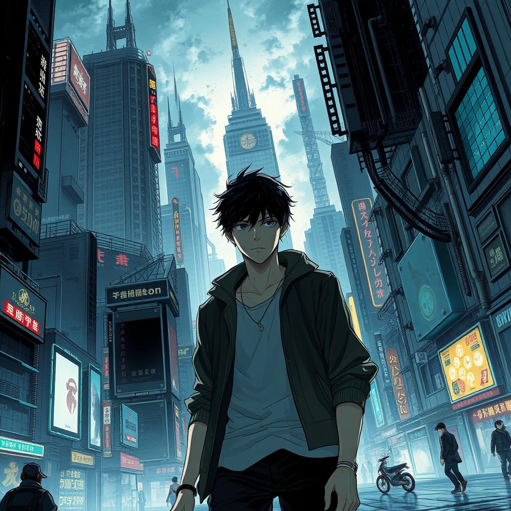 A dark sci-fi scene from a manhwa featuring a young male protagonist in a sprawling futuristic city