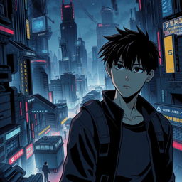 A dark sci-fi scene from a manhwa featuring a young male protagonist in a sprawling futuristic city