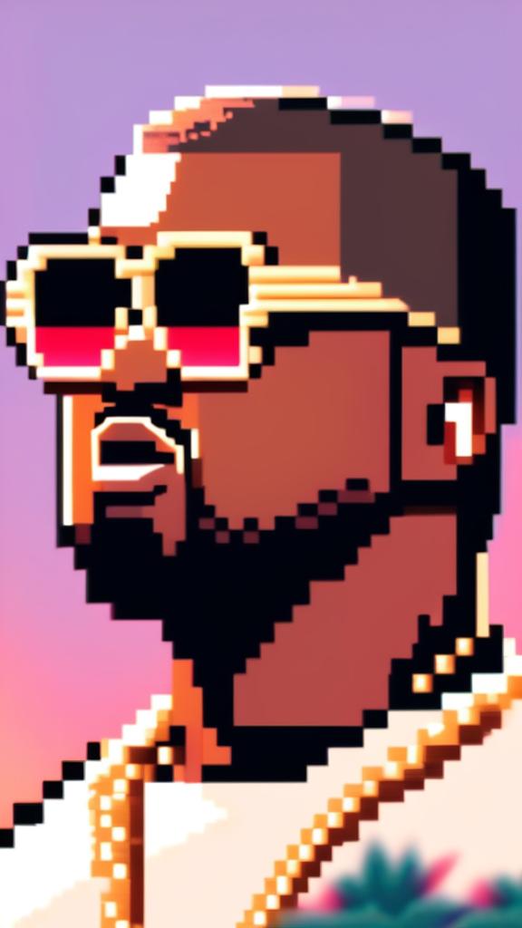 Pixel art profile picture of Kanye West in side profile with shutter shades, white tee, gold chain against a sunset gradient background.