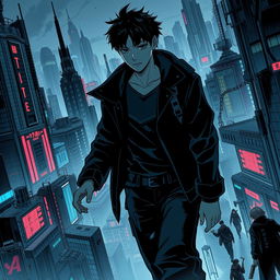 A dark sci-fi scene from a manhwa featuring a young male protagonist in a sprawling futuristic city