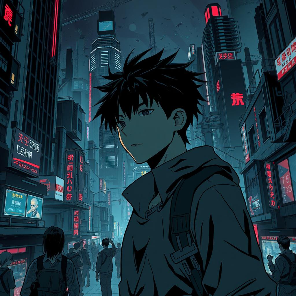 A dark sci-fi scene from a manhwa featuring a young male protagonist in a sprawling futuristic city