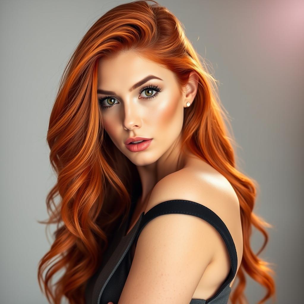 A red-haired woman inspired by Lauren Phillips with vibrant long hair, captivating eyes, and a confident pose, showcasing her dynamic personality and charm