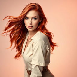 A red-haired woman inspired by Lauren Phillips with vibrant long hair, captivating eyes, and a confident pose, showcasing her dynamic personality and charm