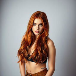 A red-haired woman inspired by Lauren Phillips with vibrant long hair, captivating eyes, and a confident pose, showcasing her dynamic personality and charm