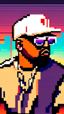 Pixel art profile picture of Kanye West in side profile with shutter shades, white tee, gold chain against a sunset gradient background.