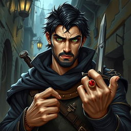 A Dungeons & Dragons character featuring a white human male rogue with black hair and striking green eyes