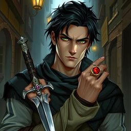 A Dungeons & Dragons character featuring a white human male rogue with black hair and striking green eyes