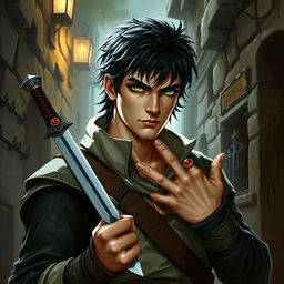 A Dungeons & Dragons character featuring a white human male rogue with black hair and striking green eyes