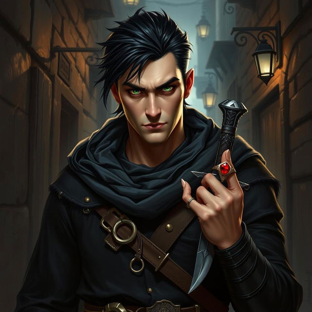 A Dungeons & Dragons character featuring a white human male rogue with black hair and striking green eyes