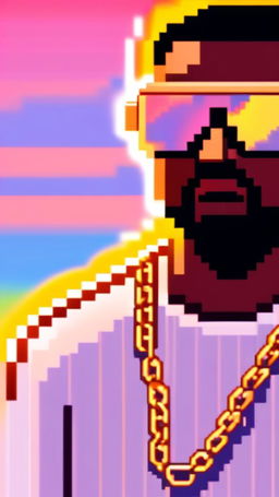 Pixel art profile picture of Kanye West in side profile with shutter shades, white tee, gold chain against a sunset gradient background.