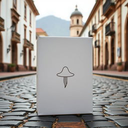 A white packaging box with a minimalist design inspired by the horror theme of Guatemalan legends, set against the backdrop of Antigua Guatemala