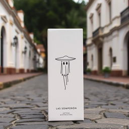 A white packaging box with a minimalist design inspired by the horror theme of Guatemalan legends, set against the backdrop of Antigua Guatemala