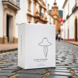 A white packaging box with a minimalist design inspired by the horror theme of Guatemalan legends, set against the backdrop of Antigua Guatemala