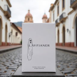 A white packaging box with a minimalist design inspired by the horror theme of Guatemalan legends, set against the backdrop of Antigua Guatemala