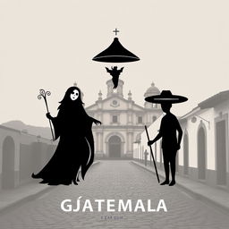 A minimalist design capturing the horror theme of Guatemalan legends, set against the historical backdrop of Antigua Guatemala