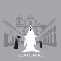 A minimalist design capturing the horror theme of Guatemalan legends, set against the historical backdrop of Antigua Guatemala