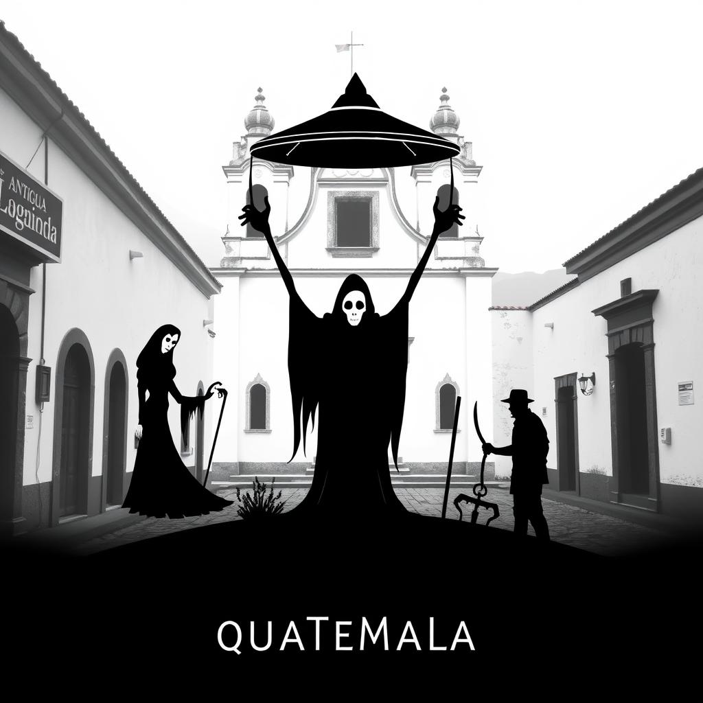 A minimalist design capturing the horror theme of Guatemalan legends, set against the historical backdrop of Antigua Guatemala