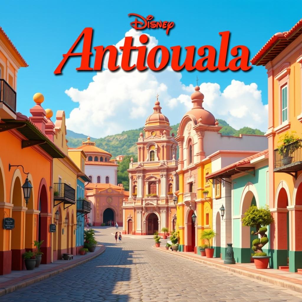 A vibrant 3D animated scene resembling a Disney-style depiction of Antigua Guatemala