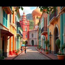 A vibrant 3D animated scene resembling a Disney-style depiction of Antigua Guatemala