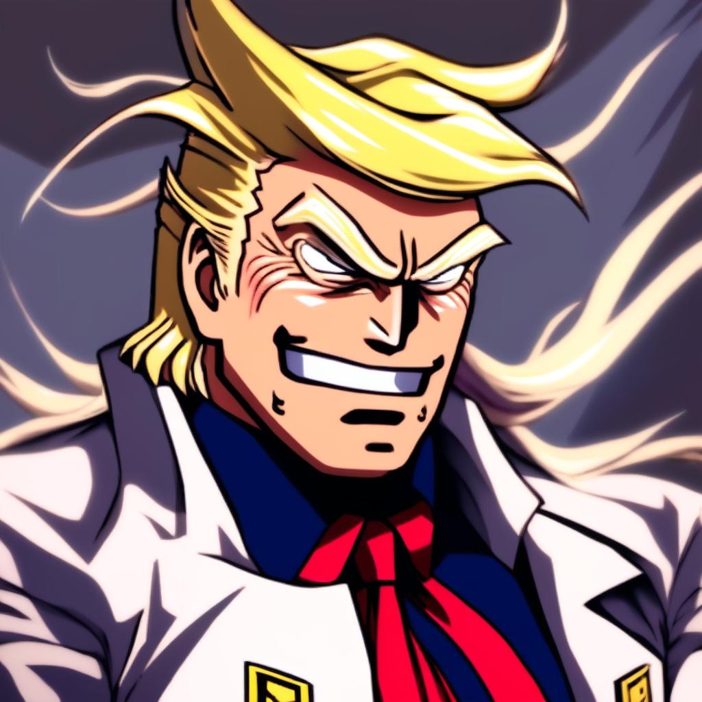 Anime profile picture of Donald Trump in the style of All Might from My Hero Academia.