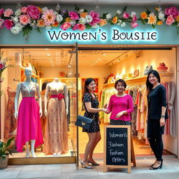 Vibrant scene of a local women's clothing boutique showcasing colorful, trendy outfits for women