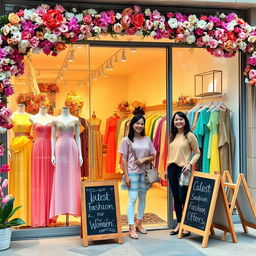 Vibrant scene of a local women's clothing boutique showcasing colorful, trendy outfits for women