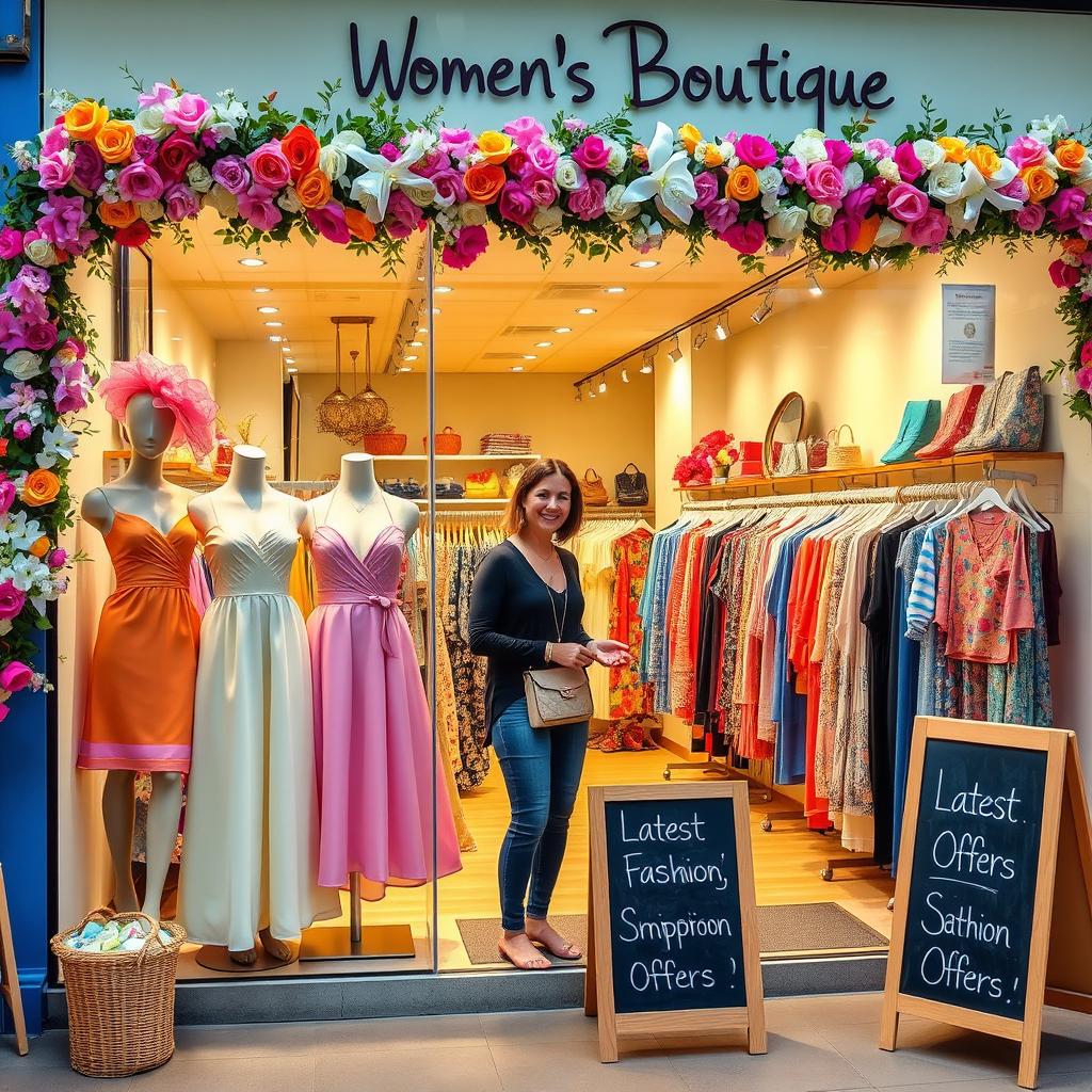 Vibrant scene of a local women's clothing boutique showcasing colorful, trendy outfits for women