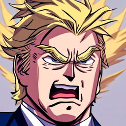 Anime profile picture of Donald Trump in the style of All Might from My Hero Academia.