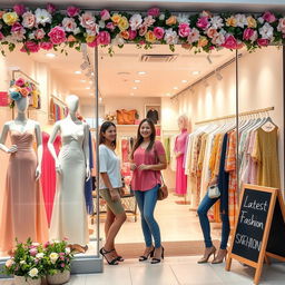 Vibrant scene of a local women's clothing boutique showcasing colorful, trendy outfits for women