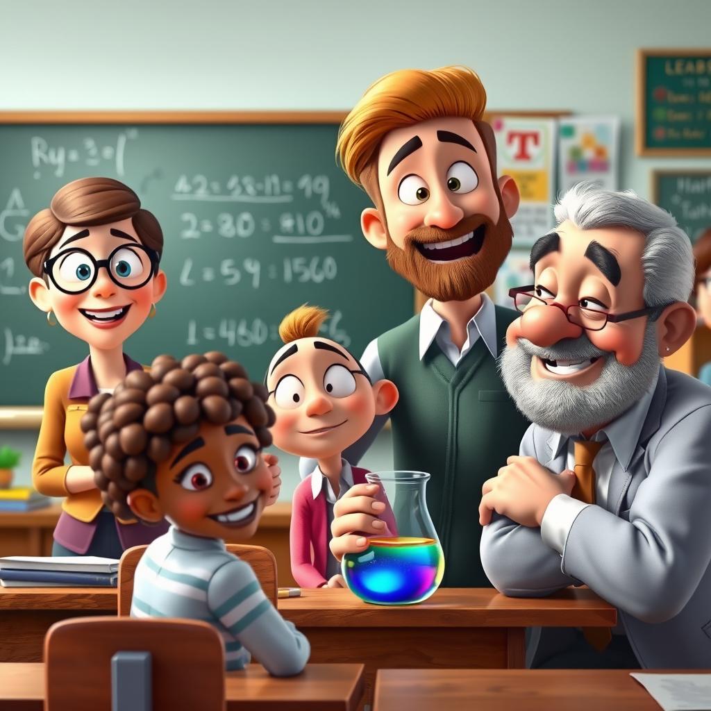 A diverse group of animated teachers at school, each expressing a strong emotion