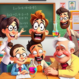 A diverse group of animated teachers at school, each expressing a strong emotion