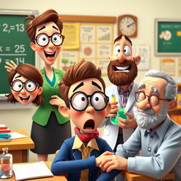 A diverse group of animated teachers at school, each expressing a strong emotion