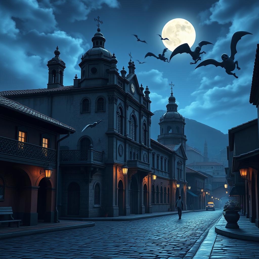 A 3D animated scene in a Disney-inspired style featuring Antigua Guatemala with a horror theme