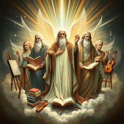 A tribute to the greatest teachers and creators, depicted as ethereal and wise figures surrounded by symbols of knowledge and creativity such as books, easels, and musical instruments