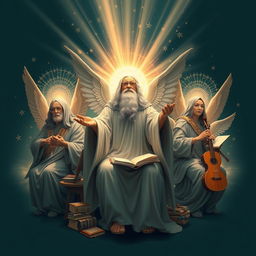 A tribute to the greatest teachers and creators, depicted as ethereal and wise figures surrounded by symbols of knowledge and creativity such as books, easels, and musical instruments